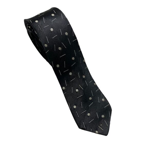 Vintage Tie Men's Necktie Rockabilly Skinny Black Dots and Dashes - Picture 2 of 6